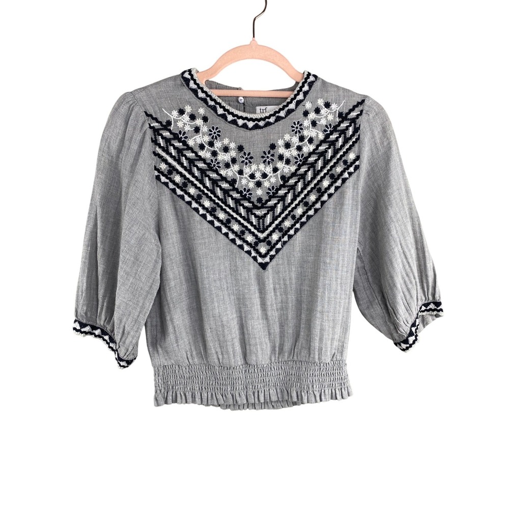 Zara Gray and Black Embroidered Cropped Blouse